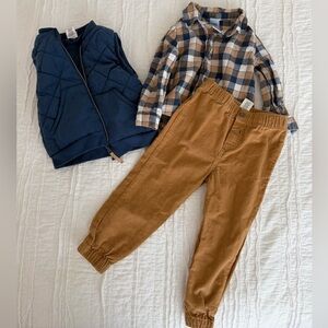 Toddler boys Plaid Shirt, Blue Vest, and Brown Pants Set